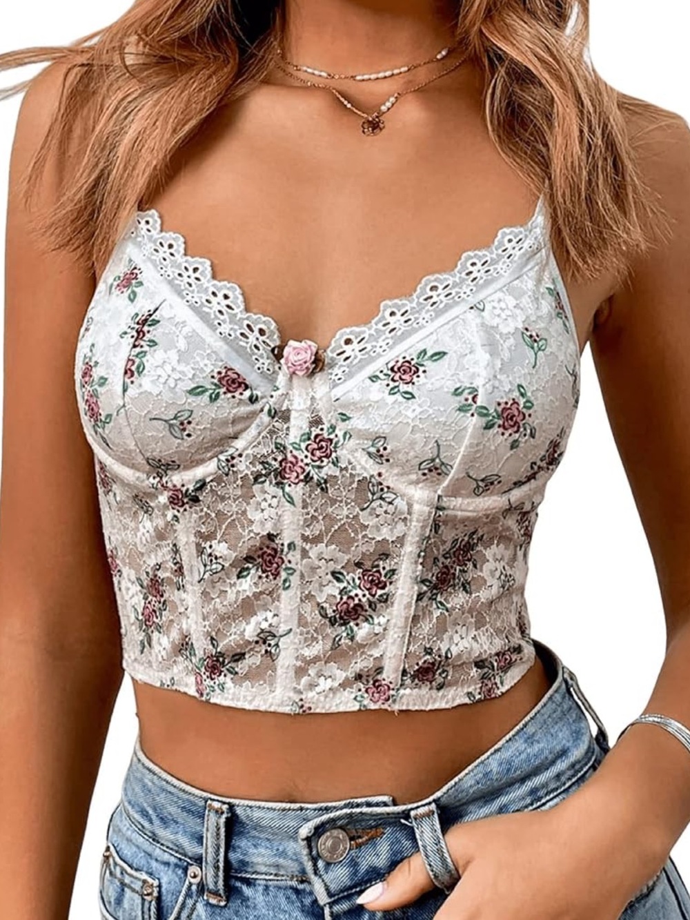 Cottagecore Floral Lace Cropped Cami Top - White with Pink Rose Print. Bridal. S
